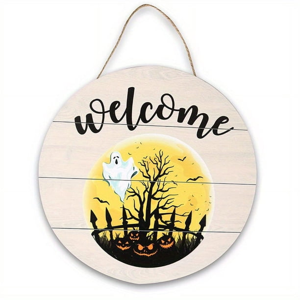Halloween Wooden Doorplate Hanger New Pumpkin Black Cat Ghost House Bat Party Scene Decoration