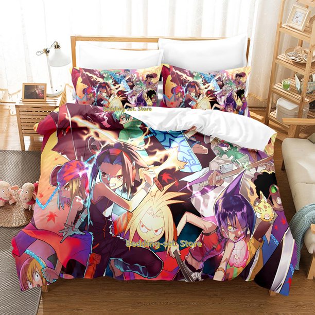 Personality Shaman King Bedding Set Cartoon Anime three-piece set Adult Kid Bedroom Duvetcover Sets 3D Kawaii Game twin set Bed Sheets