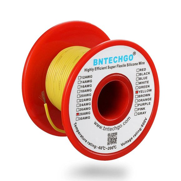 Cable BNTECHGO 28 AWG de silicona amarillo, carrete de 30,5 m