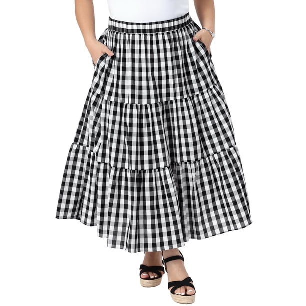 Faldas de Cuadros para Escuela y Universidad de Talla Grande para Mujer de Agnes Orinda, Capas en Cascada, Maxi Flowy, Casual de Verano, Línea A, con Bolsillos 4X Negro