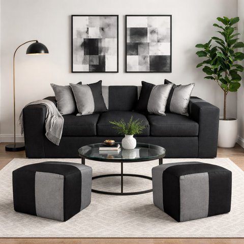 Genérico - Sofa + 2 Puff Benjamin Gris/Negro