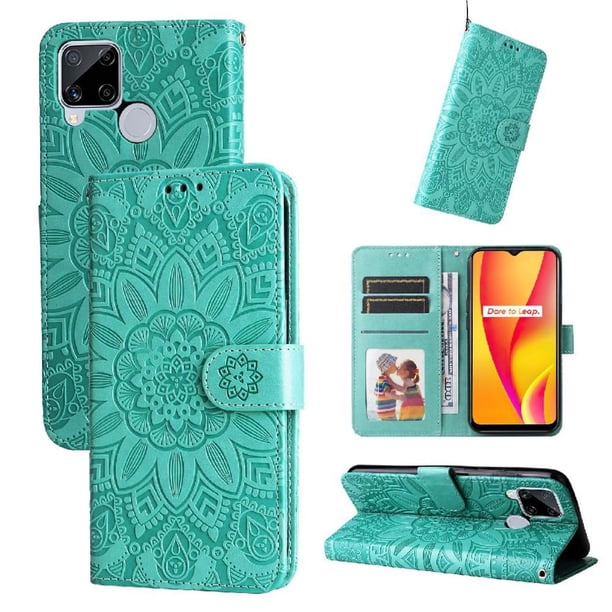 Funda tipo cartera FOXDOCK para Realme C12 , diseño girasol en relieve, cuero PU, cierre magnético, soporte y tarjetero