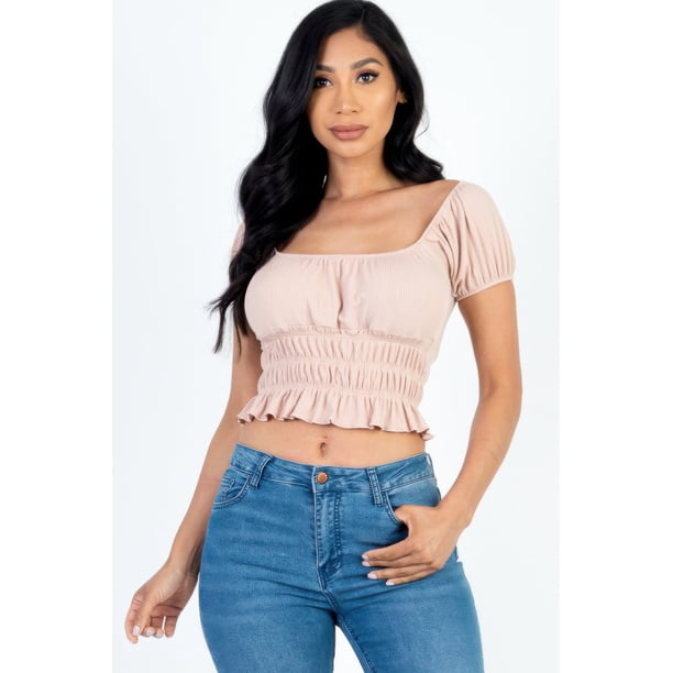 Top Casual de Punto Acanalado Liso con Mangas Abullonadas Fruncidas