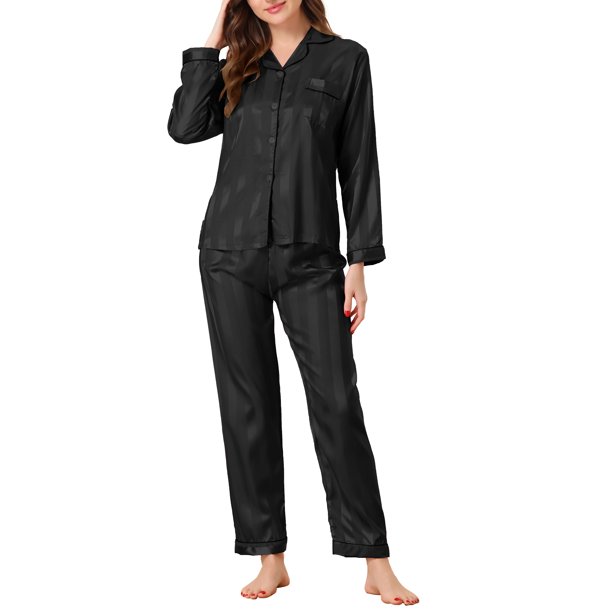 INSPIRE CHIC Conjunto de Pijama de Satén a Rayas para Mujer, Manga Larga, Botones, Cuello con Muesca, Conjunto de Descanso con Cintura Elástica S Negro