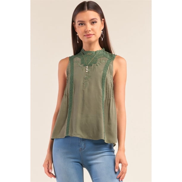 Top Babydoll Plisado con Dobladillo Bordado de Crochet sin Mangas Verde Bosque S