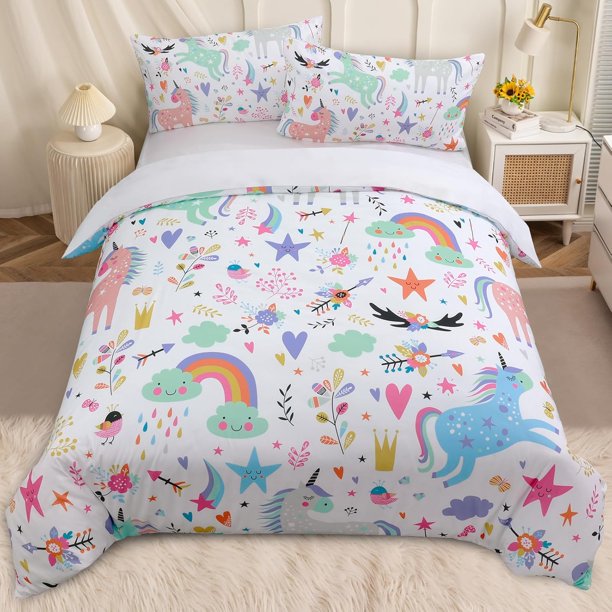 Purple Unicorn Full Bedding Set for Kids Boys Girls Glitter Galaxy Unicorn Duvet Cover 3 Piece Space Unicorn Comforter Cover