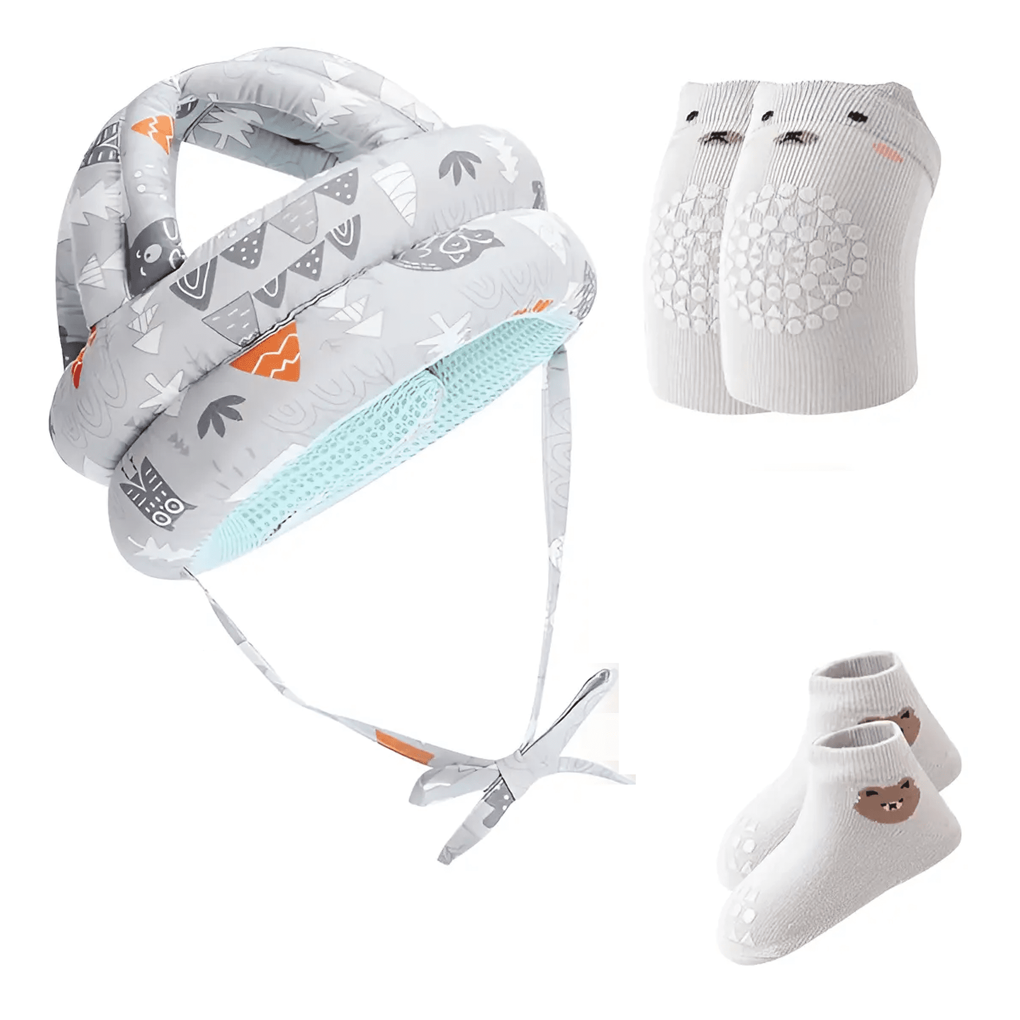 Casco Anticolisión Belug Para Bebé Y Rodilleras + Calcetines Gris