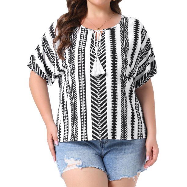 Agnes Orinda Blusas Casuales de Verano para Mujer de Talla Grande para Escuela y Universidad con Cordón Bohemio, Borla, Cuello en V, Manga Corta, Estampado Floral, 2X Negro