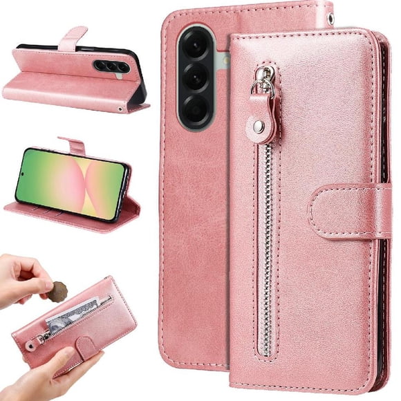 Funda tipo cartera para Samsung Galaxy A57 con bolsillo con cremallera y ranuras para tarjetas – Función de soporte Rosa
