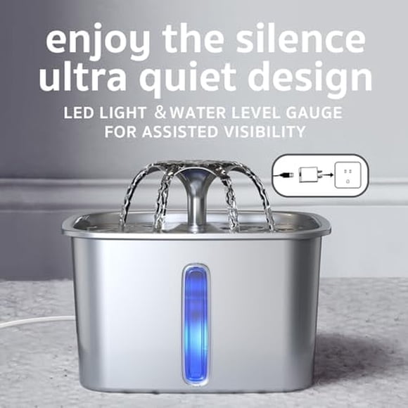Fuente de Agua Gato Veken Acero Inoxidable Filtro 5 Etapas LED