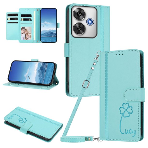 Funda Cartera Trébol para Xiaomi Poco F6 con Ranuras Tarjetas y Carga Inalámbrica Verde menta