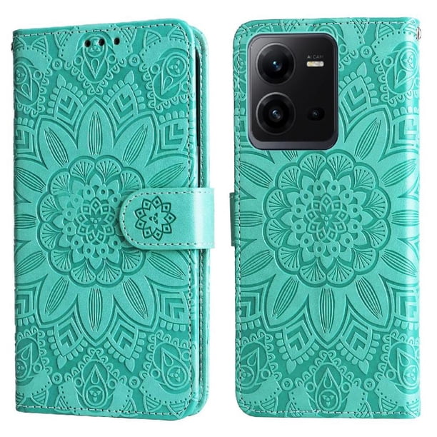 Funda tipo cartera FOXDOCK para Vivo V25E 4G , diseño girasol en relieve, cuero PU, cierre magnético, soporte y tarjetero
