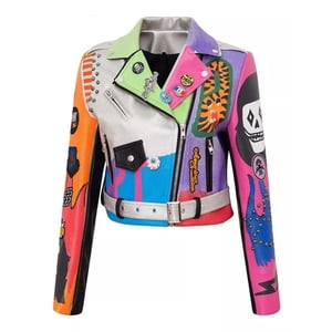 D&M - Chaqueta Eco Cuero Para Mujer Colorido Con Tachuelas Estilo Hip Hop