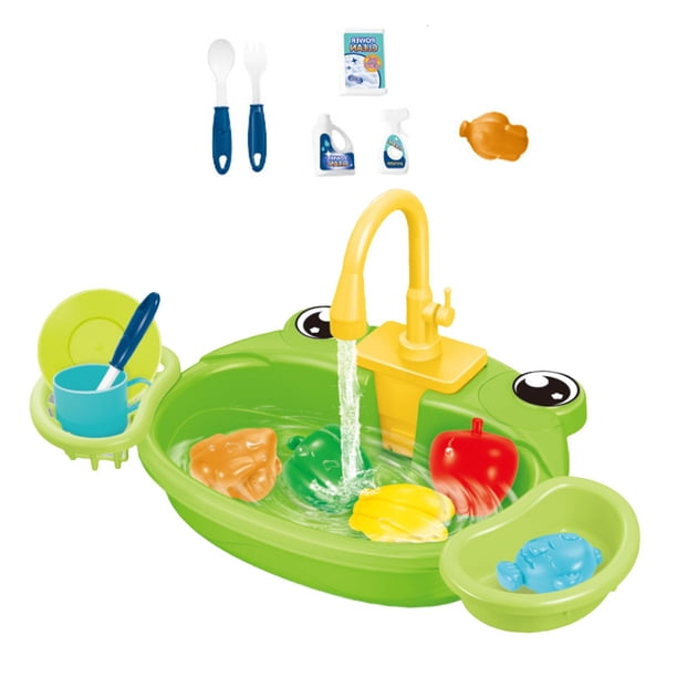 Fregadero de Cocina de Juguete para Niños, Accesorios de Juguete con Juego para Correr, Agua, Comida, Fregadero para Niños, Juego de Lavavajillas para rana verde