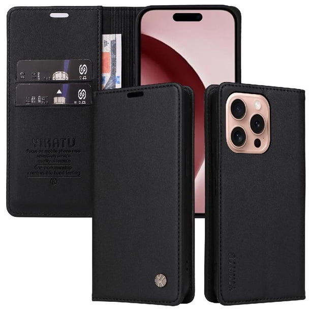Funda Billetera de Cuero para iPhone 16 Pro con Tarjetero y Soporte - Tapa Magnética Negro