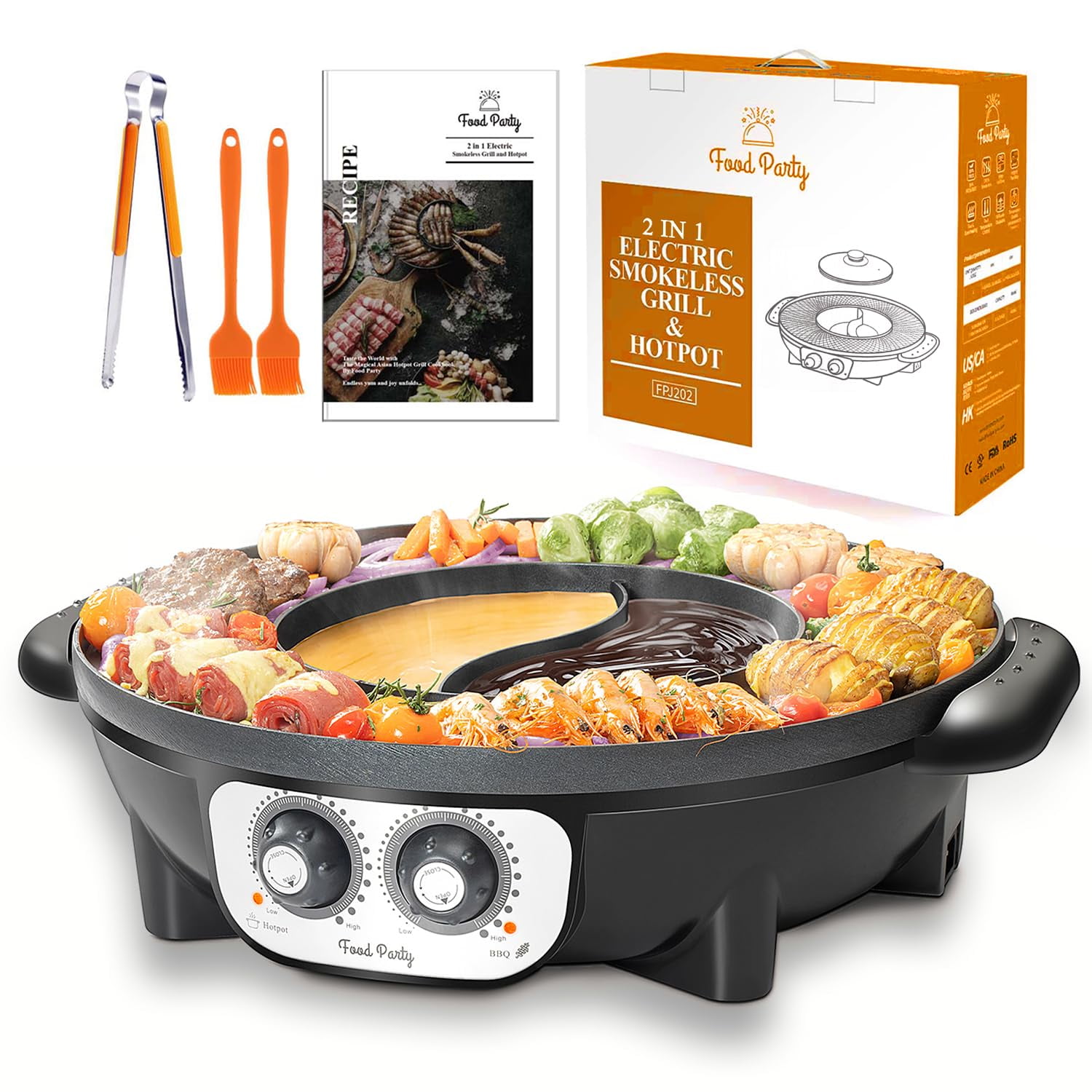 Food Party - Combo De Parrilla Eléctrica Sin Humo Y Olla Para Estofado 2 En 1 De 1700 W
