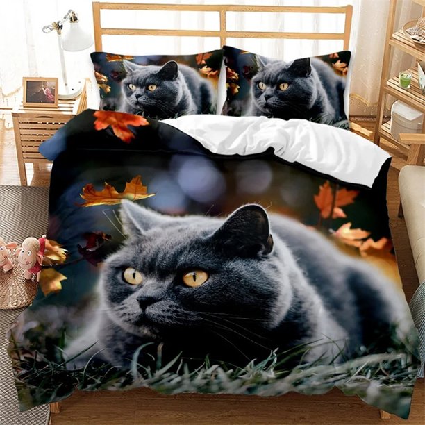 x2189 Bed SheetsCat Duvet Cover Set Lying Blue Cat Twin Bedding Set Kids Cute Kitten Comforter Cover Autumn Maple Leaves Polyester Quilt Cover 3-Piece Bedding Set (1 Duvet Cover + 2 Pillow Shams) nj21