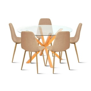Klik Muebles - Comedor Redondo De Vidrio Cross 120Cm + 5 Silla Spoon Velvet - Beige