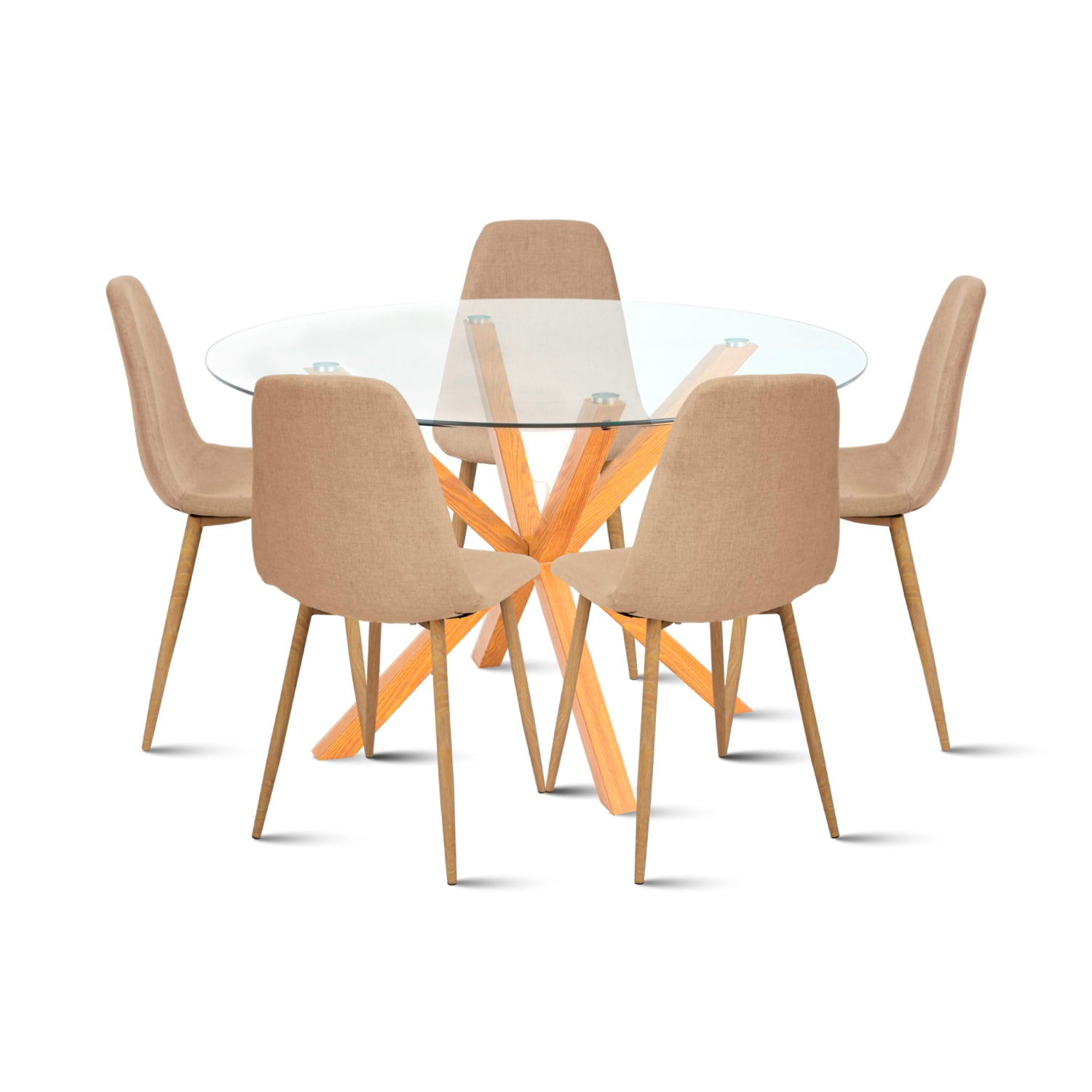 Klik Muebles - Comedor Redondo De Vidrio Cross 120cm + 5 Silla Spoon Velvet - Beige
