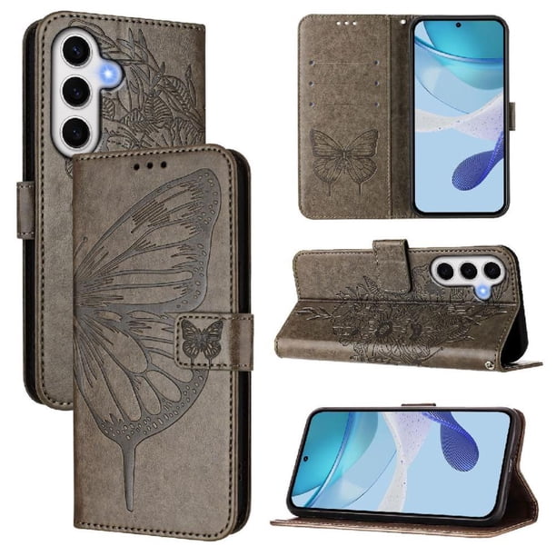 Funda Cartera Mariposa Para Samsung Galaxy S24 Fe Con Soporte Y Ranuras Para Tarjetas Gris