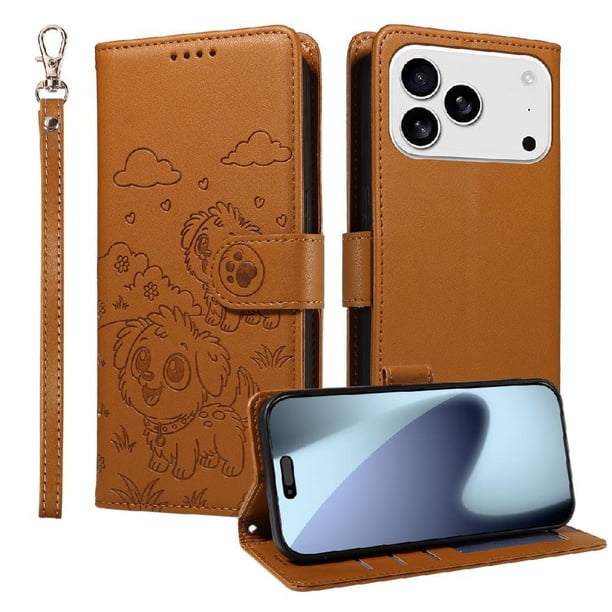 Funda Cartera para iPhone 17 Pro Perro Cachorro Grabado con Tarjetas Soporte Correa Marrón