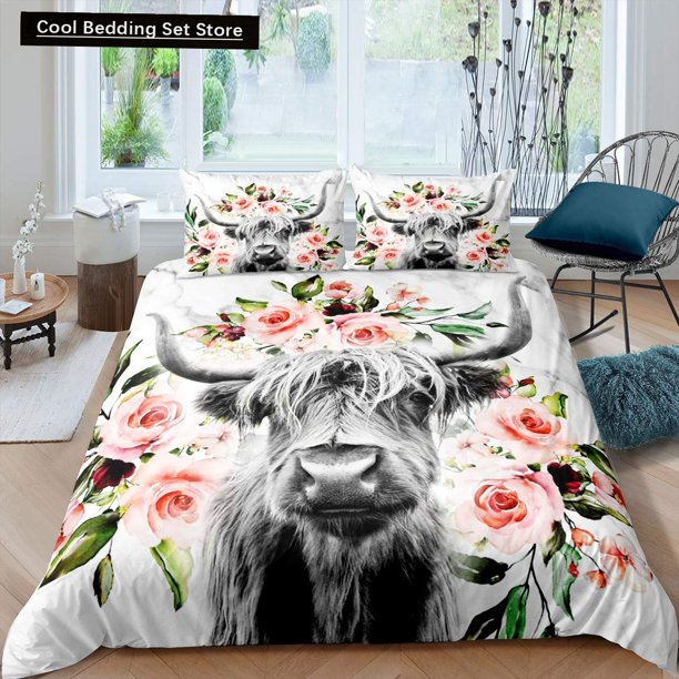 Highland Cow Flower Duvet Cover Cattle Rose Bedding Set Western Animal Comforter Cover Farmhouse Bull Quilt Cover Bed Sheets