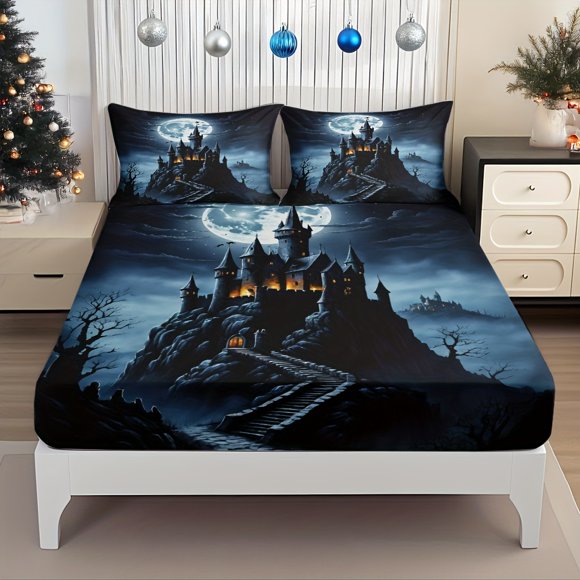 Fitted Sheet Mysterious Moonlit Castle Atmosphere Gothic Architecture Pattern on the Summit of a Towering Mountain The mattress pro