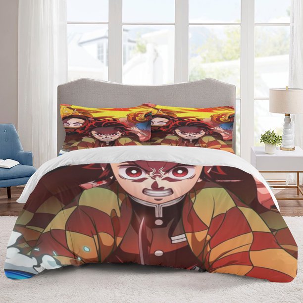 Demon Slayer Bedding Sets Cartoon Duvet Cover Lightweight 3 Piece Bet Sets for Kids Boys Girls
