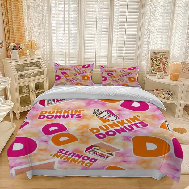 3pcs Dunkin' Donuts Vibrant Orange And Pink Gradient Design Themed Bedding Set Quilt Cover And Pillowcase Set Soft And Comfortable