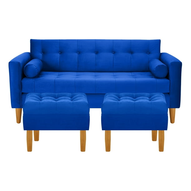 Sofa Retro 3c + 2 Pouf Felpa 04 Azul Rey