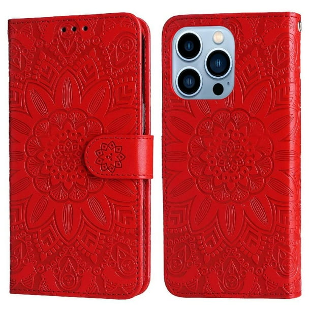 Funda tipo cartera FOXDOCK para iPhone 13 Pro Max , diseño girasol en relieve, cuero PU, cierre magnético, soporte y tarjetero