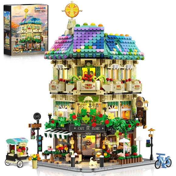Juego de bloques de construcción INSOON Flower Cafe House con luces, 1876 unidades