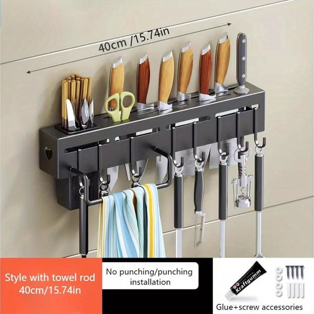 1pc Knife Rack, Wall-mounted Knife Holder With Chopsticks Barrel, Multifunctional Carbon Steel Storage Rack, Kitchen Punch-free Rack With Hooks, Kitchen Storage Organization, Kitchen Accessories