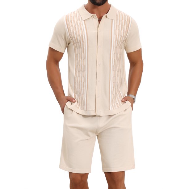 INSPIRE CHIC Conjuntos de 2 Piezas para Hombre Camisa Polo y Pantalones Cortos Conjuntos Tejidos Estampados XL Beige