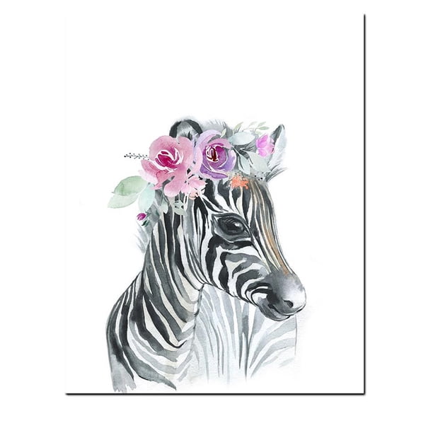 Pintura en lienzo con diseño de corona floral de animales, impresiones para niña, jirafa, elefante, león, arte de pared, póster para guardería