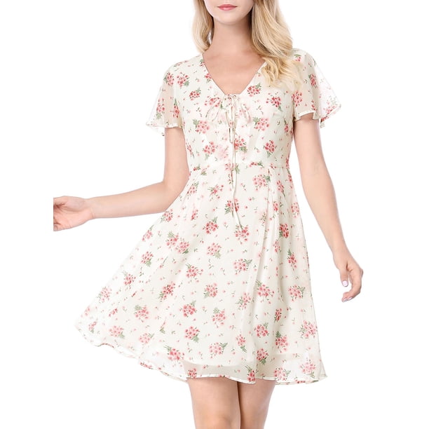 INSPIRE CHIC Vestido de Chifón con Cremallera y Cordones, Cuello en V Floral, Mangas Cortas Acampanadas para Mujer, Regreso a Clases, Talla S, Blanco