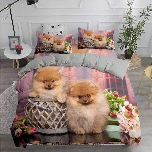 x504 Bed SheetsPomeranian Dog Duvet Cover Puppy Bedding Set for Teens Adults Pet Animal Colorful Sky /Polyester Quilt Cover 3-Piece Bedding Set (1 Duvet Cover + 2 Pillow Shams) nj504
