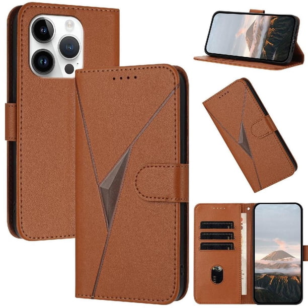 Funda Cartera Fibra de Carbono para iPhone 14 Pro Max con Soporte y Cierre Magnético Marrón