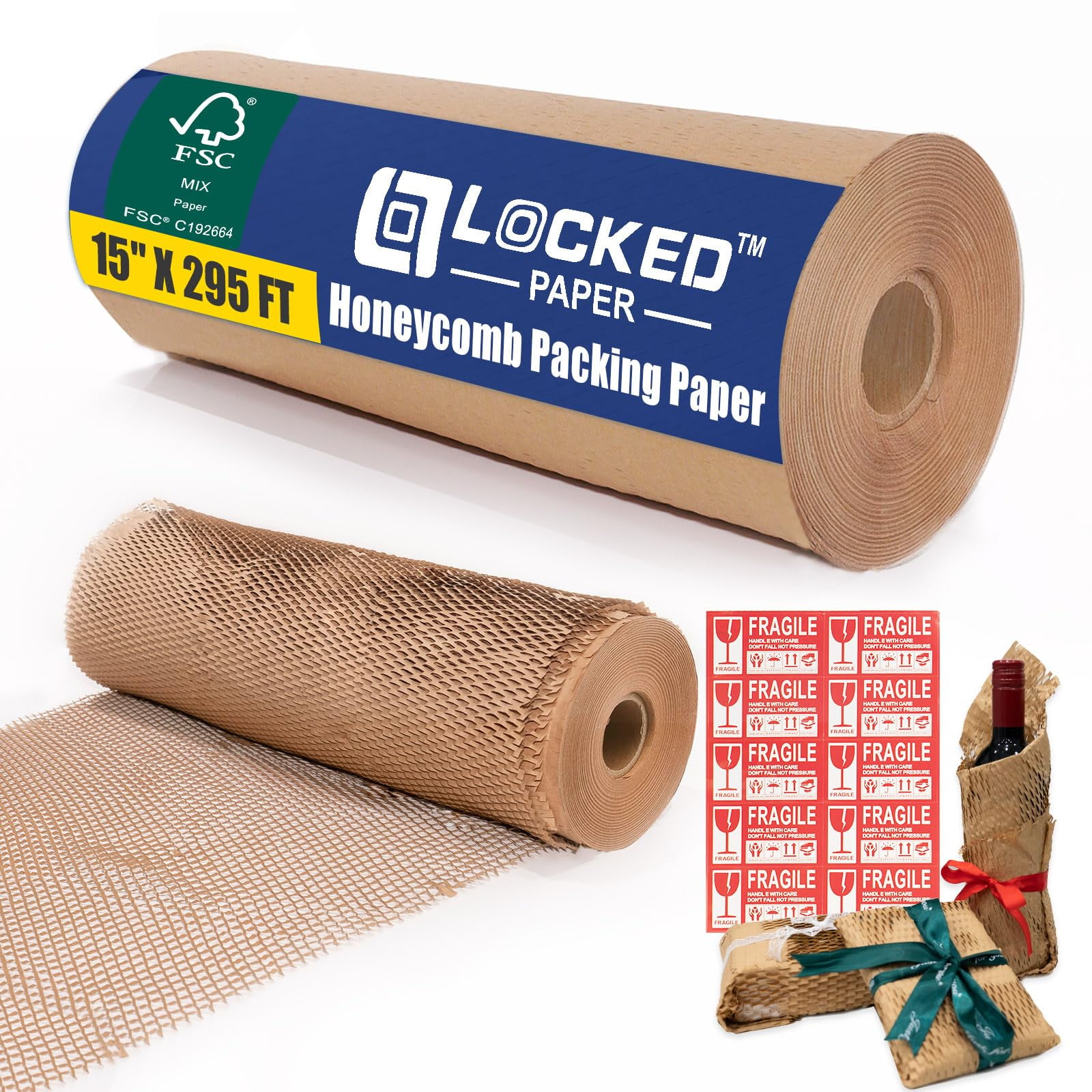 Locked Air - Rollo De Papel De Embalaje En Forma De Panal De 15 Cm X 90 M Con Pegatinas Frágiles