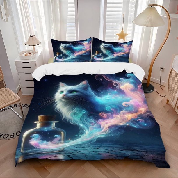 Anime Cat Fantasy Bedding - Includes One Quilt Cover and Two Pillowcases (No Core) - Perfect for Bedroom and Guest Room Decoration Festive Gift Polyester Fabric