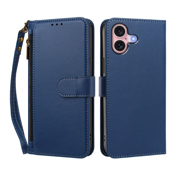 Funda Tipo Billetera para iphone16 con Soporte y Bolsillo con Cierre Azul profundo