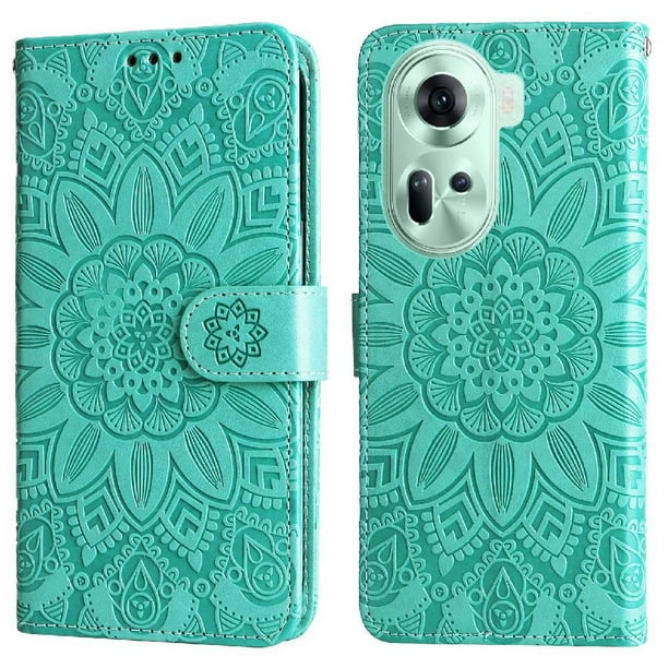 Funda tipo cartera FOXDOCK para OPPO Reno 11 5G , diseño girasol en relieve, cuero PU, cierre magnético, soporte y tarjetero