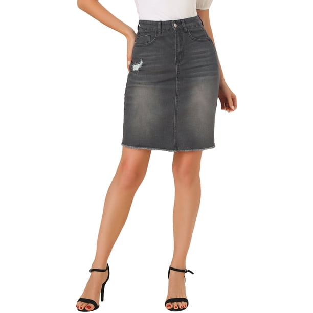 INSPIRE CHIC Faldas de Mezclilla para Mujer Cintura Alta Dobladillo Desgastado Falda de Jean Corta Negra XS