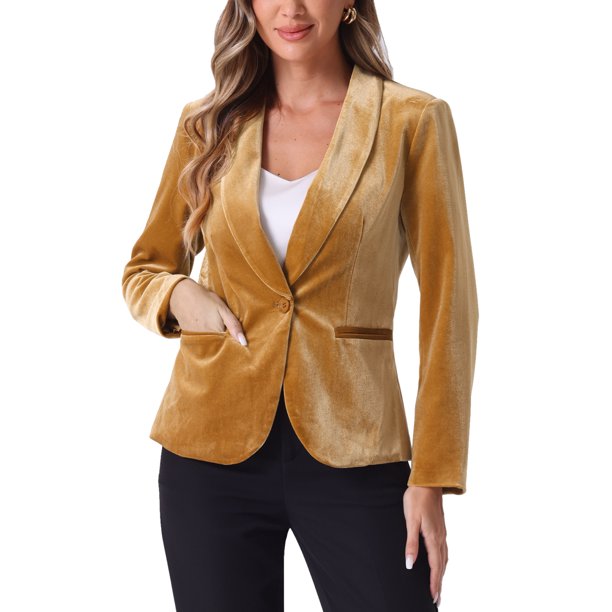 INSPIRE CHIC Blazer de Terciopelo para Mujer Color Sólido Cuello de Chal Una Botón Traje de Trabajo S Amarillo Oscuro