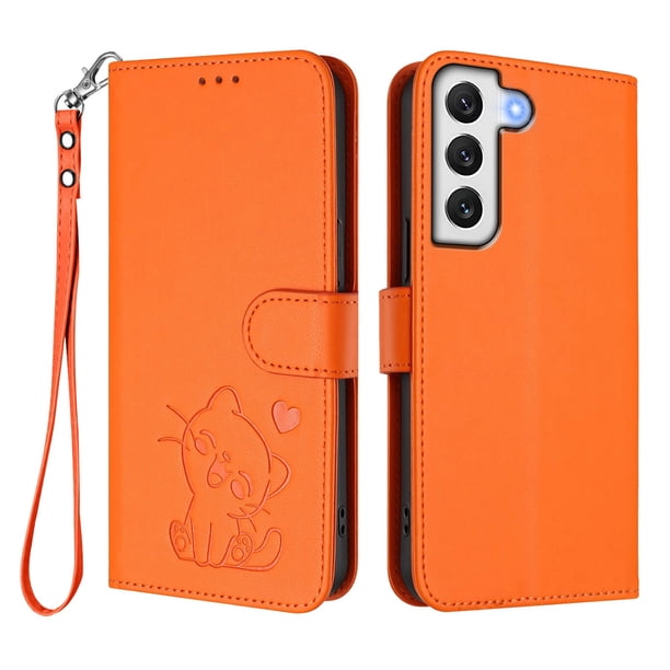 Funda Billetera con Relieve de Gato para Samsung Galaxy S22 5G, Naranja