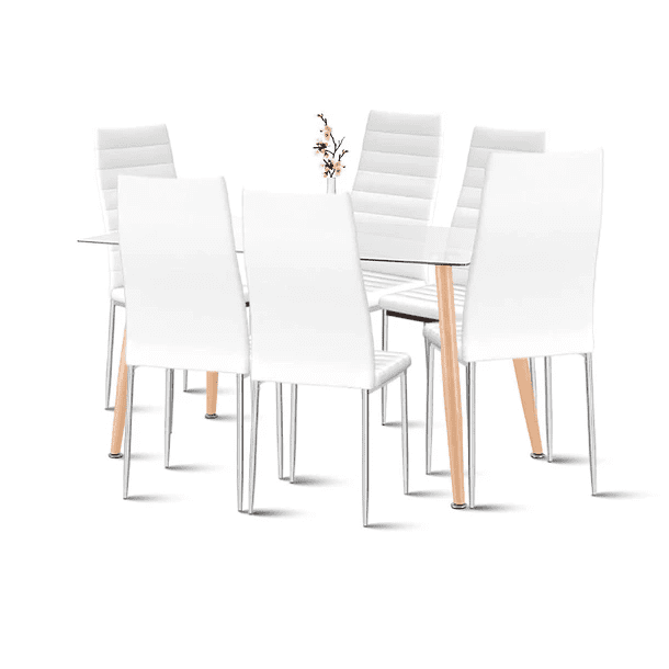 Klik Muebles - Comedor Mesa De Vidrio Rectangular 120x80 + 6 Sillas Dining Liana - Blancas