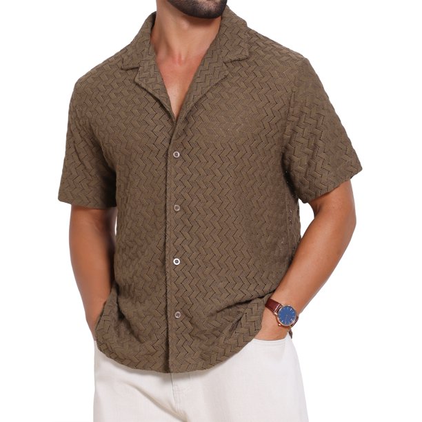 Camisa de Hombre de Jacquard Hueco con Cuello Campestre y Manga Corta Textura de Playa L Marrón