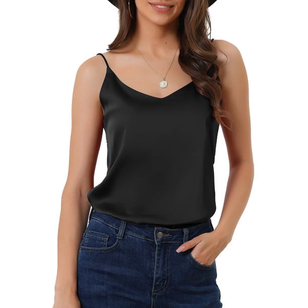 INSPIRE CHIC Camisola de Satén para Mujer con Escote en V y Tirantes Finos, Blusa sin Mangas de Seda para Ropa de Casa y Capas XX-Large Negro