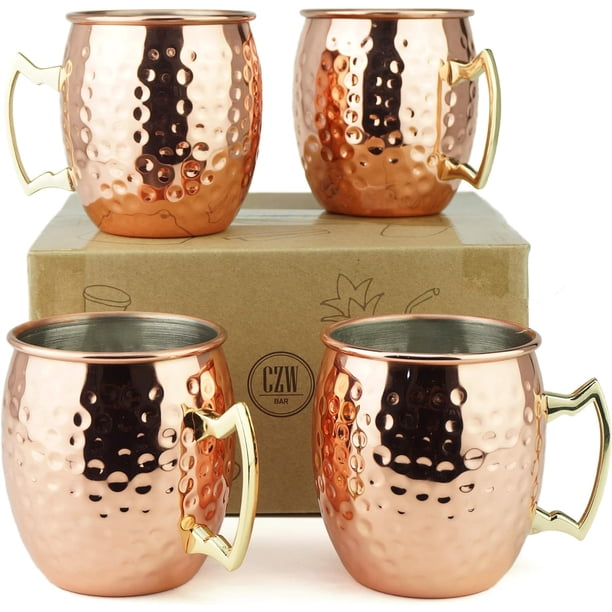 Juego de 4 tazas Moscow Mule, 100 % artesanales, de cobre puro de 500 ml y asas de latón dorado. 9,4 cm de diámetro x 10 cm de alto.