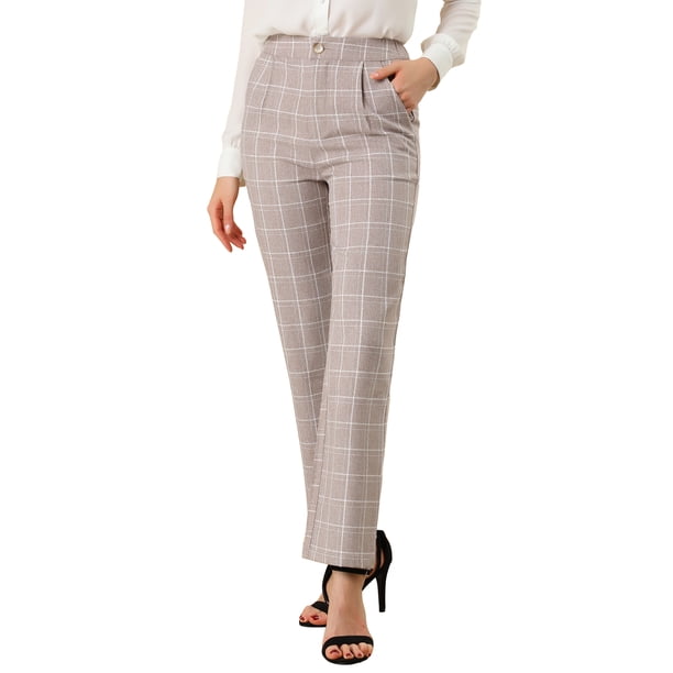 INSPIRE CHIC Pantalones Largos Rectos con Cintura Elástica de Cuadros para Mujer, Botón y Cremallera, Talla XL, Camel